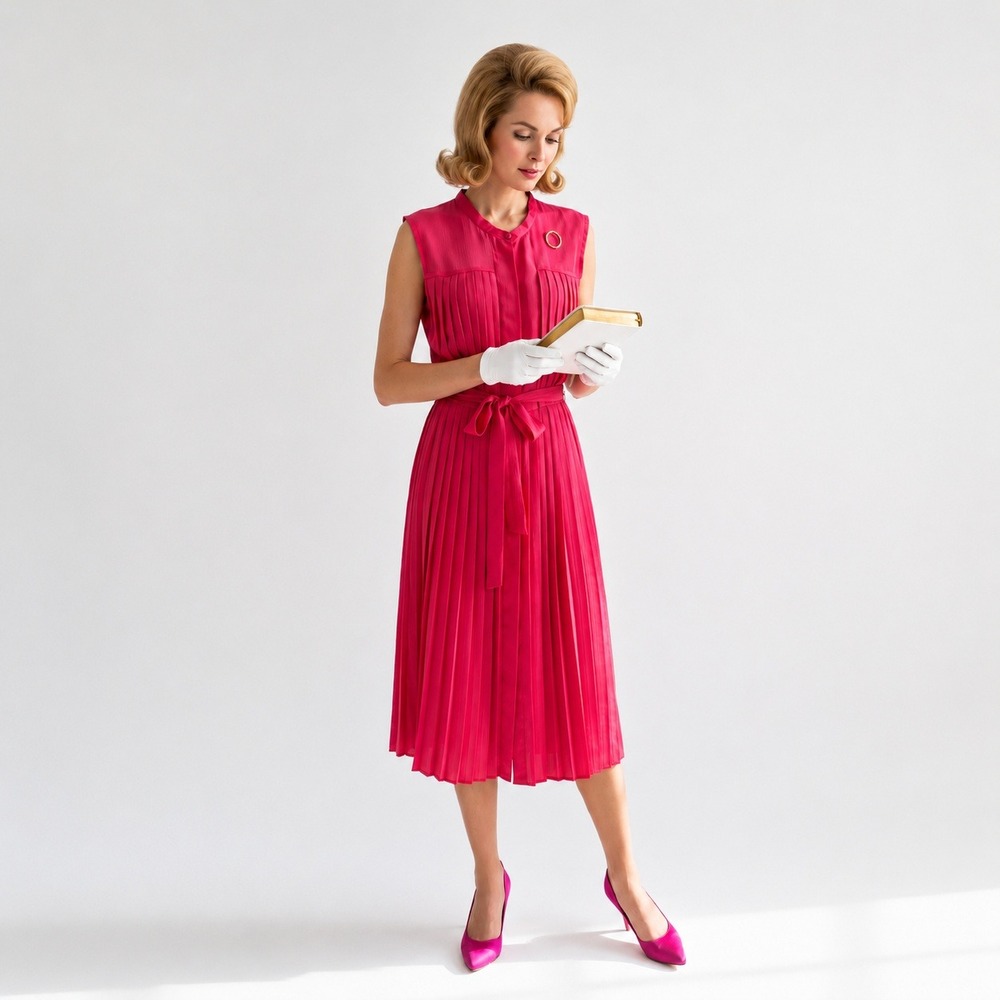 Ted Lapidus Paris VTG Fuchsia Pleated Midi Dress Size 40(Fr) Mod 60s-70s Chic